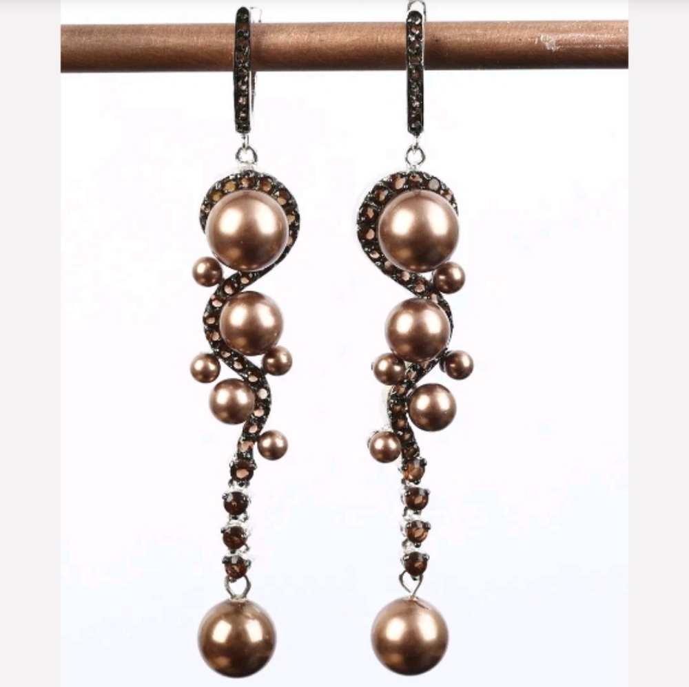 Dramatic chocolate Topaz silver & pearl earrings